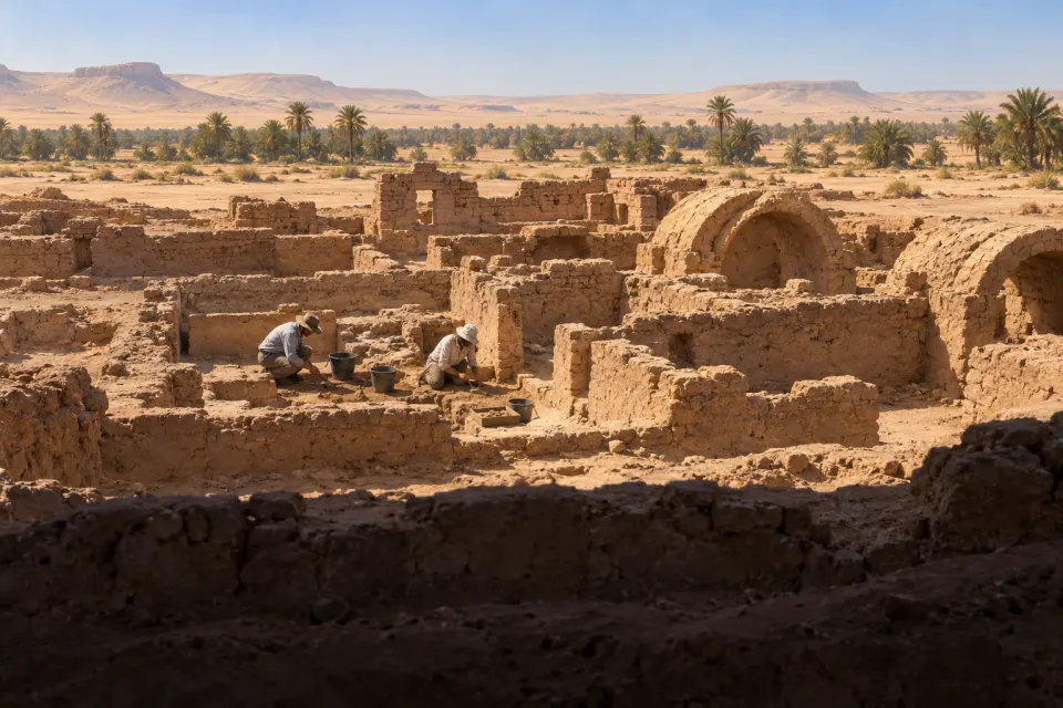 The excavated mud-brick houses of Kellis (Ismant el-Kharab) in Egypt's Dakhla Oasis, vaulted rooms open to the sky, archaeologists in field clothes working a trench, dunes behind, hard noon sun