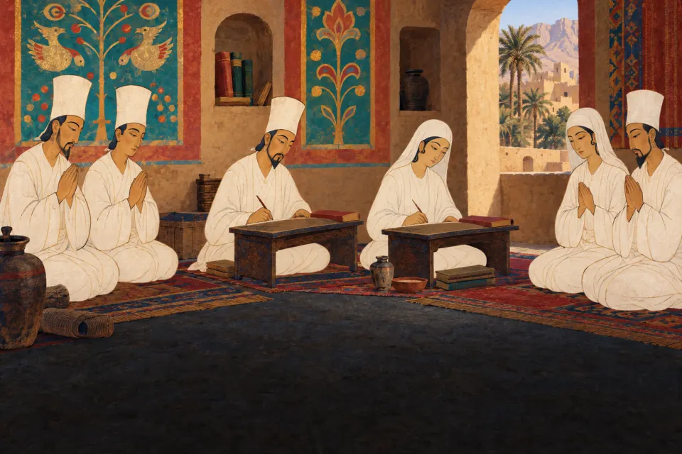Manichaean Elect men and women in white robes and tall white caps praying and copying hymns in a Silk Road monastery at Qocho, painted as a Turfan book illumination, jewel colours and gold