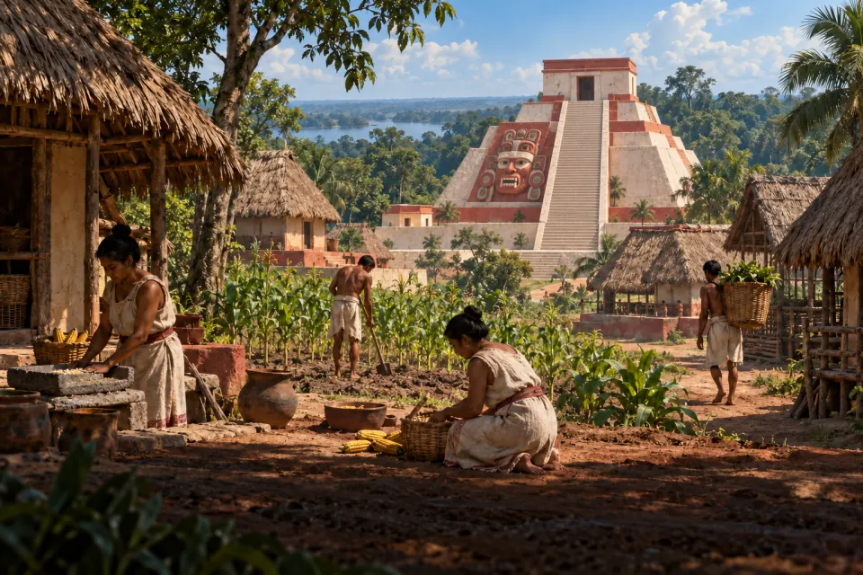 A Preclassic Maya village of thatched houses and maize fields at the foot of a new stuccoed temple pyramid in the Peten lowlands of Guatemala, c. 200 BCE, rainforest beyond, hard noon sun and heat haze