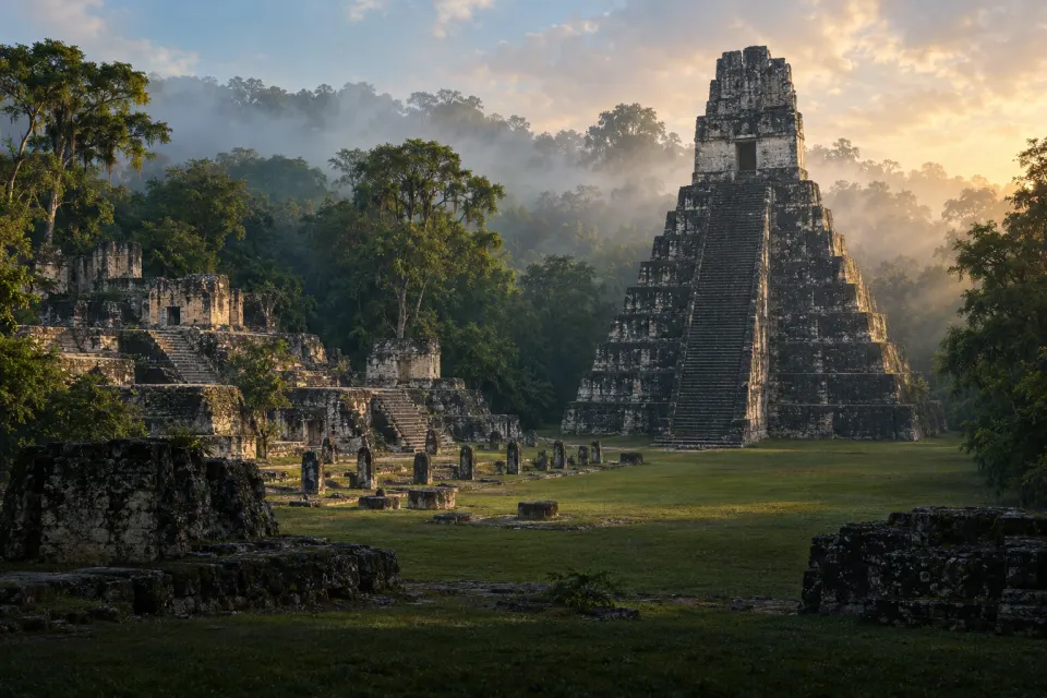 Tikal's Great Plaza in Guatemala, Temple I rising over rows of carved stelae and the North Acropolis, rainforest canopy around, still morning mist at dawn