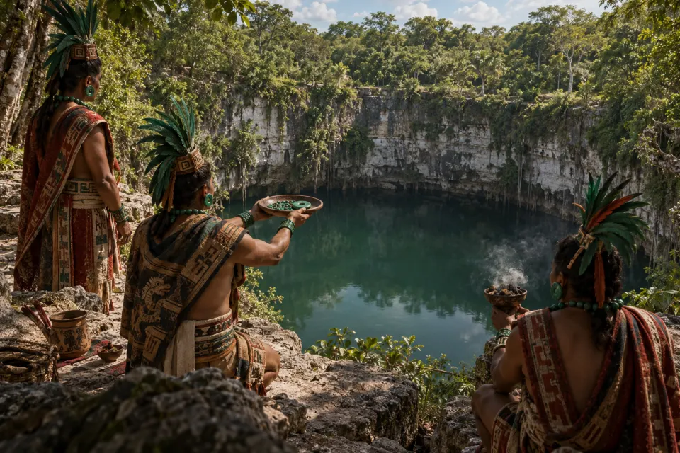 Classic Maya nobles in jade ornaments and feather headdresses making offerings of jade and copal at the edge of the Sacred Cenote, Chichen Itza, limestone sinkhole ringed by forest, midday light