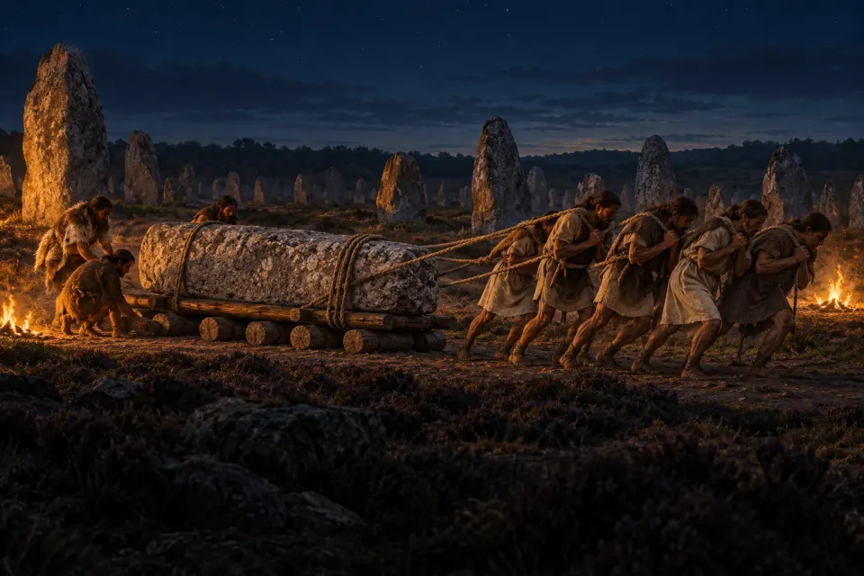 Neolithic people in hides hauling a tall menhir on log rollers and ropes along a row of standing stones at Carnac, Brittany, c. 4500 BCE, firelight against cold night