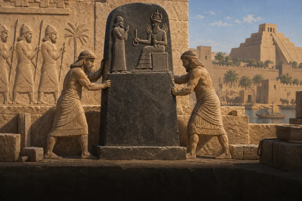 Babylon c. 1750 BCE, sculptors setting up a diorite stele carved with a king before the seated sun god Shamash, mud-brick temple towers behind, as a Babylonian relief, hard noon sun