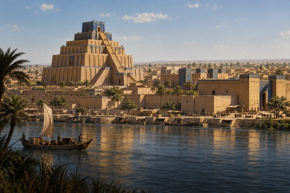 The stepped ziggurat Etemenanki beside Marduk's sanctuary Esagila in Babylon, glazed blue brick, the Euphrates and date palms in front, hard clear noon sun