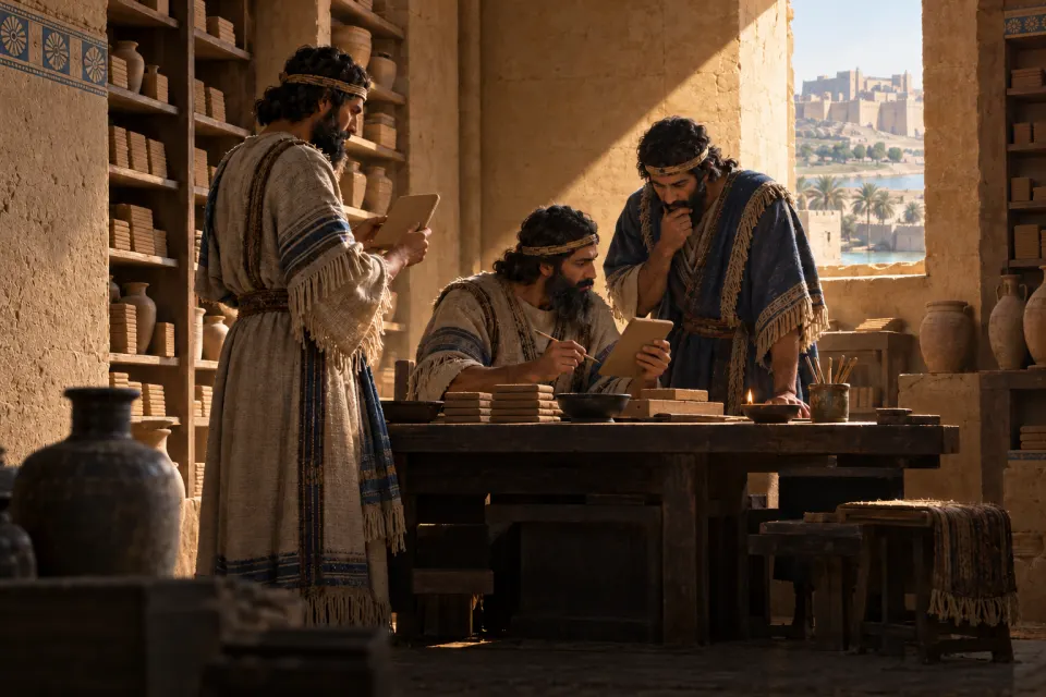 Scribes and priests in fringed robes reading clay omen tablets on shelves in an Ashur temple archive, a lamp and reed styluses, hard daylight from a high window