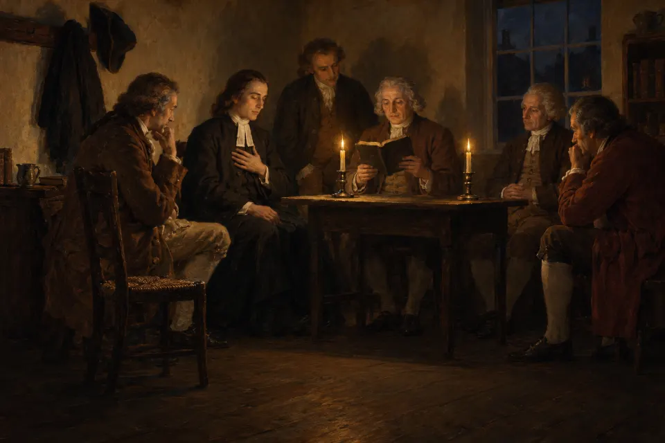 A small plain London room in Aldersgate Street, 24 May 1738, men in 18th-century dress listening as one reads aloud by candlelight, another seated with a hand on his chest, deep amber chiaroscuro