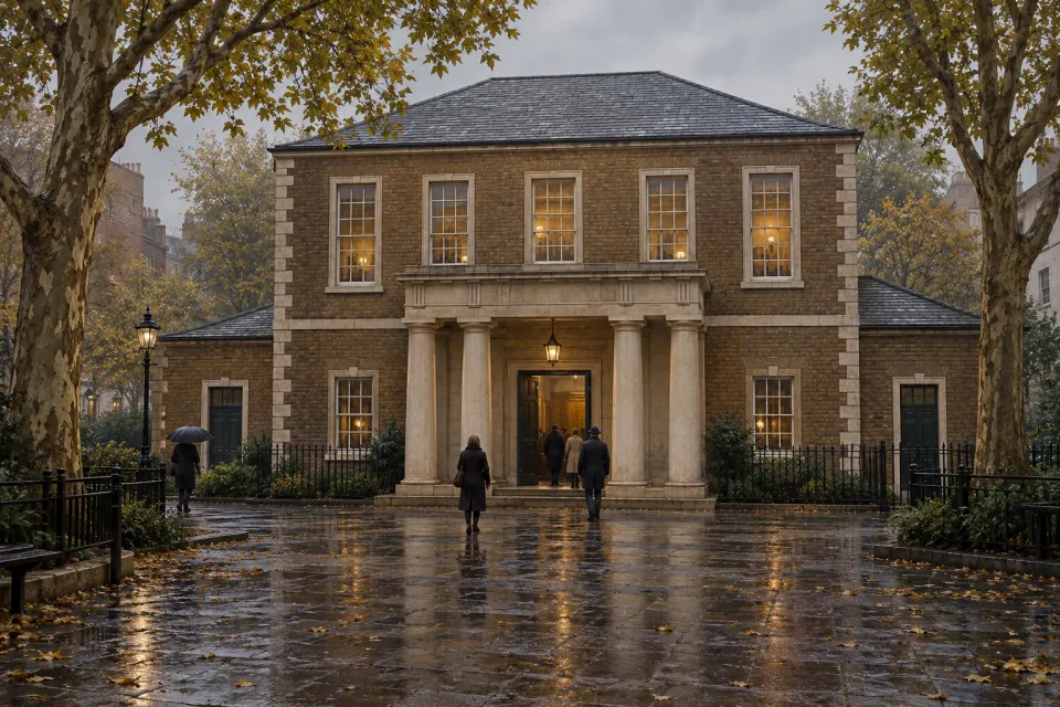 Wesley's Chapel on City Road, London, its Georgian brick front and white portico, plane trees and wet pavement, pale drizzly morning light
