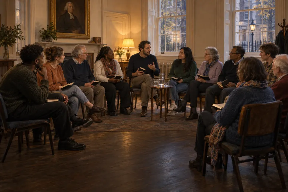 A weekly Methodist class of about a dozen people of all ages in present-day dress, seated in a circle with Bibles and hymnbooks in a room of Wesley's Chapel, London, warm lamplight