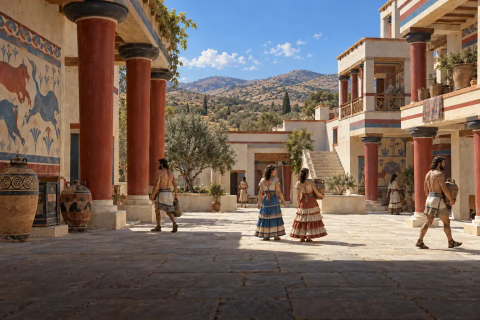 Minoans in flounced skirts and kilts crossing the central court of the new palace at Knossos, c. 1700 BCE, red tapered columns and painted stucco, hard clear Aegean daylight