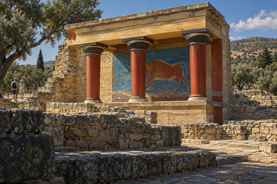 The reconstructed red columns and bull fresco of the Palace of Knossos, olive trees and Cretan hills behind, hard clear daylight