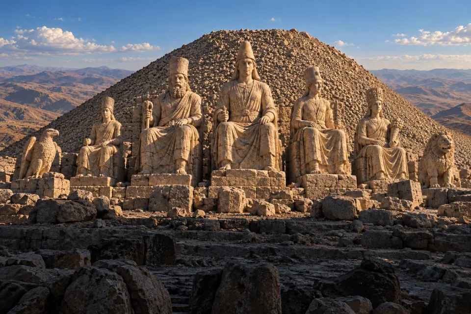 Antiochus I's hilltop sanctuary of Commagene (Nemrut), mid-1st century BCE, colossal seated limestone gods including a sun-like Mithras in a Persian cap, as a Commagene relief, hard clear daylight