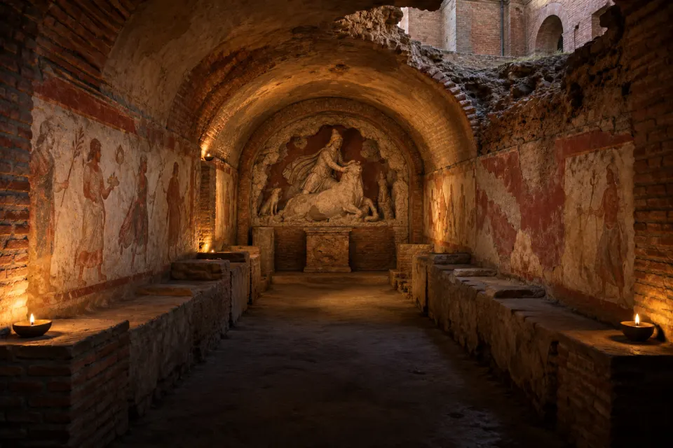 Excavated vaulted mithraeum under the church of Santa Prisca on the Aventine, benches and a faded painted procession of initiates on the wall, rubble fill and church foundations above, lamplit