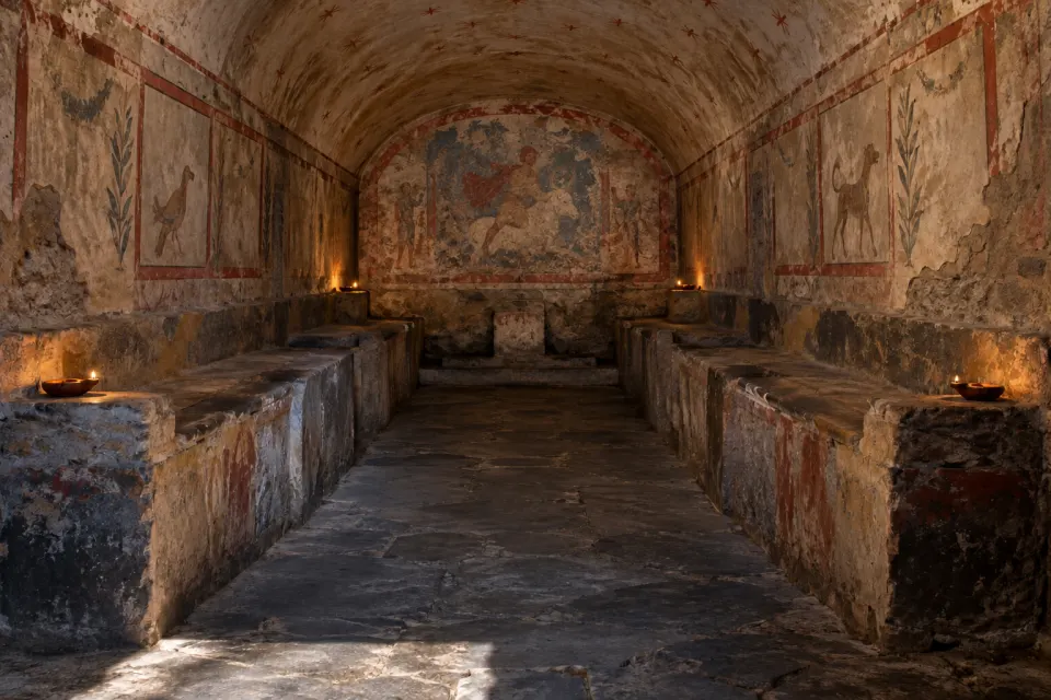 A long vaulted mithraeum at Santa Maria Capua Vetere with stone benches along both sides and faded painted wall panels, empty, lit by a few oil lamps and a shaft of daylight