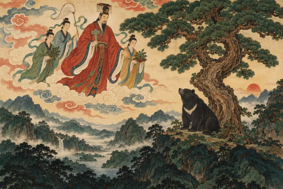 Mount Taebaek as a Joseon folk painting (minhwa), a heavenly king and his spirit retinue descending by a sandalwood tree, a bear below, bold ink and mineral colour, misty dawn