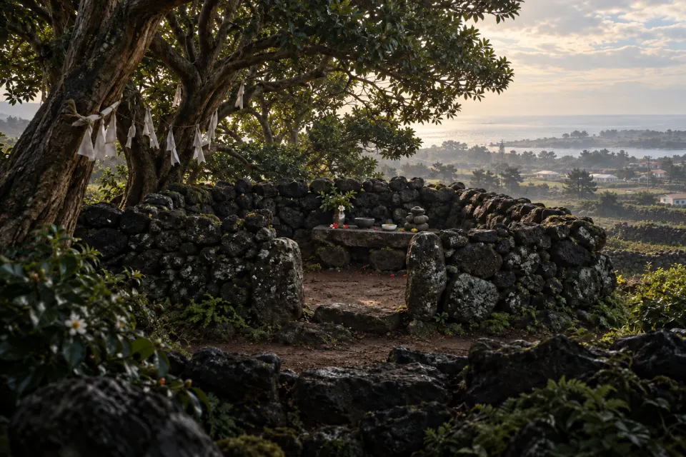 The Chilmeoridang shrine in Gun-rip village, Jeju Island, a small walled shrine of black volcanic stone with paper offering strips among old trees, spring morning mist