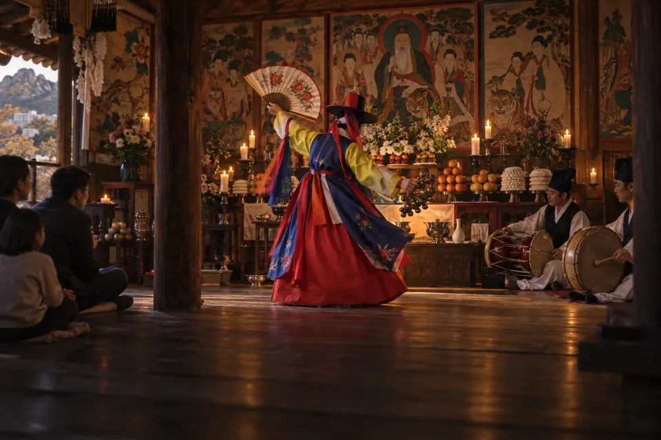 A mudang in layered colourful hanbok dancing before a food-laden altar in a gut at the Guksadang shrine on Inwangsan, Seoul, a client family watching, drums, candlelit