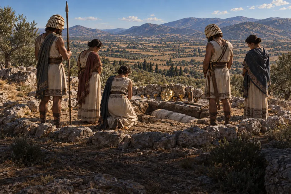 A royal burial in a shaft grave at Mycenae c. 1600 BCE, mourners in boar-tusk helmets and kilts, gold masks, bronze swords and cups set by the grave, hard clear daylight on the citadel