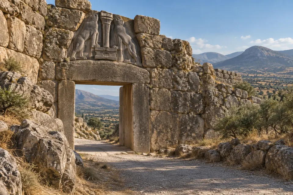 The Lion Gate and Cyclopean walls of Mycenae on the hilltop above the Argive plain, dry grass, olive trees, hard clear daylight