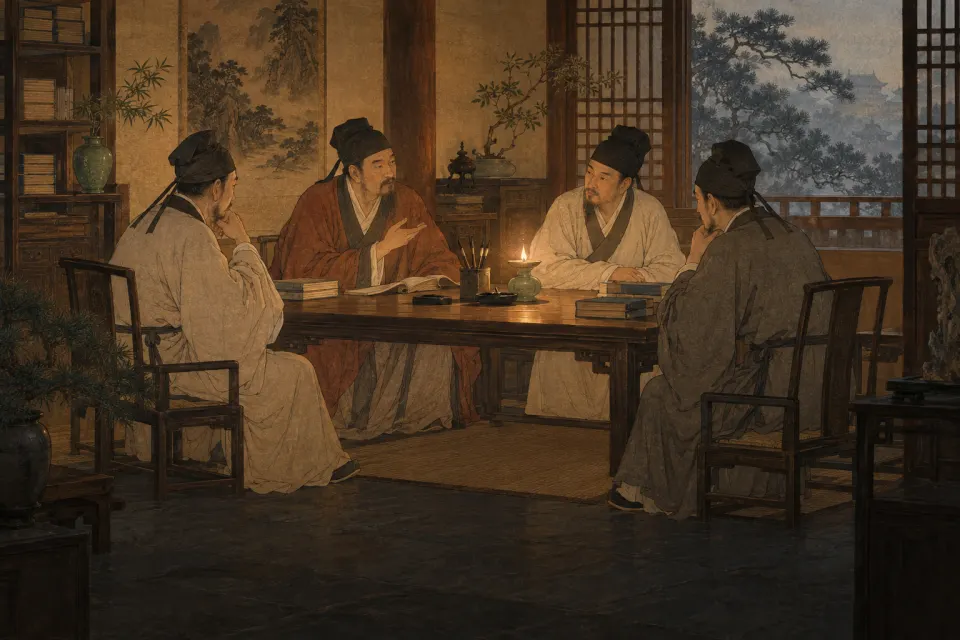 Northern Song scholars in black caps and robes discussing a classic around a low table in a lamp-lit study in Luoyang, 11th century, ink-and-colour Song handscroll idiom