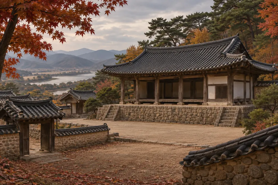 Dosan Seowon, the Joseon Neo-Confucian academy at Andong, tile-roofed lecture hall and study buildings on the hillside above the Nakdong River, autumn leaves, soft overcast light
