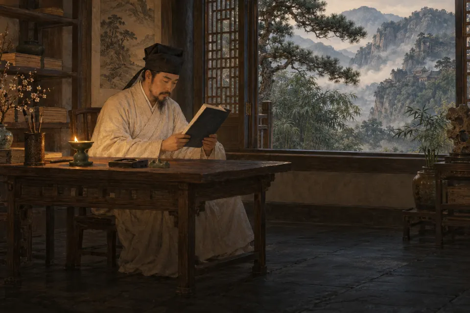 A Southern Song scholar in a plain robe reading a Confucian classic at a desk in the White Deer Grotto Academy, a mountain forest outside the window, steady lamp and daylight