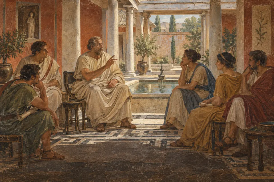 A bearded philosopher in a himation teaching a small circle of pupils and prominent Romans in a house atrium in Rome, c. 250 CE, scrolls and a mosaic floor, as a Roman wall painting, hard clear daylight