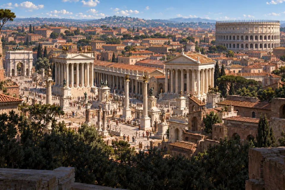 Third-century Rome seen from the Palatine, the Colosseum, marble temples and the Forum, crowds in togas, hard clear noon sun