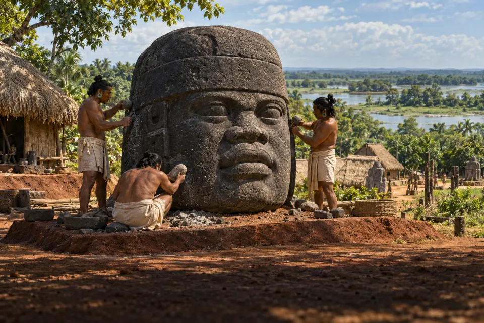 A newly carved colossal basalt head wearing a helmet-like headdress on an earthen platform at San Lorenzo, Veracruz, c. 1200 BCE, sculptors in cotton wraps and jade ear spools beside it, hard noon sun