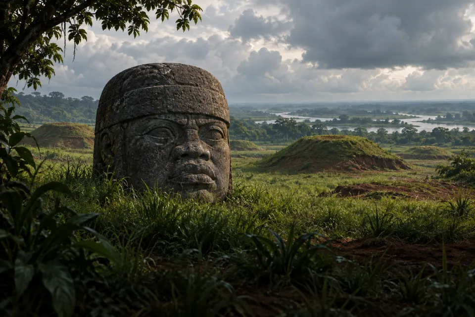 The San Lorenzo plateau in the Veracruz lowlands, a colossal basalt head half in the tall grass, scattered earthen mounds and tropical rain clouds beyond, soft diffuse light