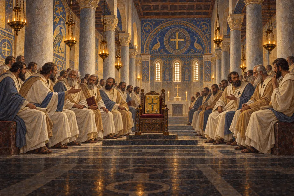 Bishops in 5th-century vestments filling a great basilica at Chalcedon in 451, two groups facing each other across an enthroned gospel book, lamp-lit marble and mosaic, tense jewel-toned light