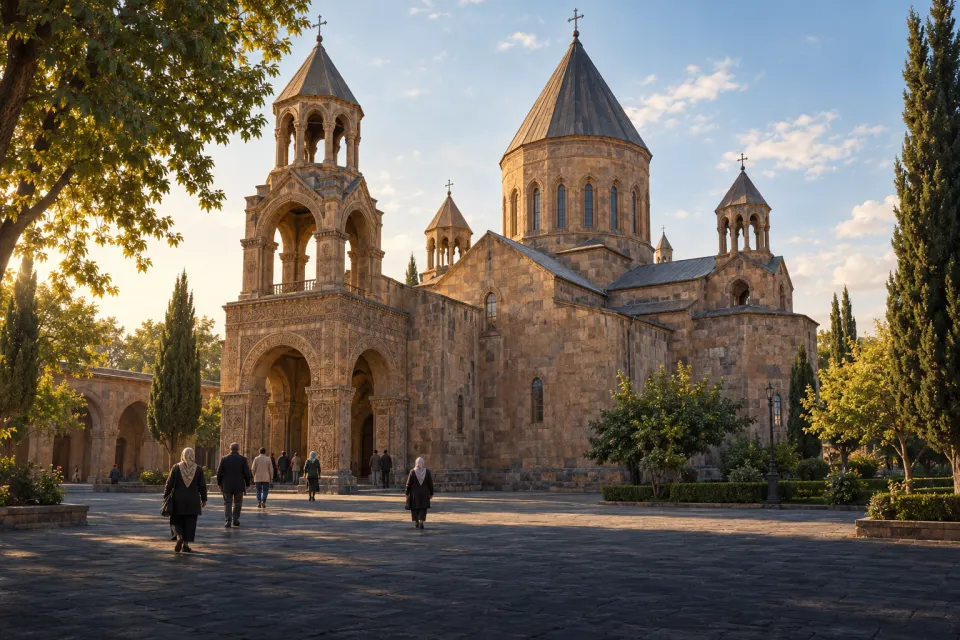 The Mother Cathedral of Etchmiadzin in Armenia, pale tuff stone with its domed drum, pilgrims in present-day dress crossing the courtyard, clear early morning light