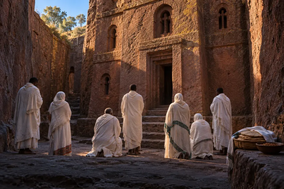 Ethiopian Orthodox worshippers in white cotton shawls praying in the rock-cut courtyard of a Lalibela church during Lent, a shared meal of injera and lentils nearby, clear morning light