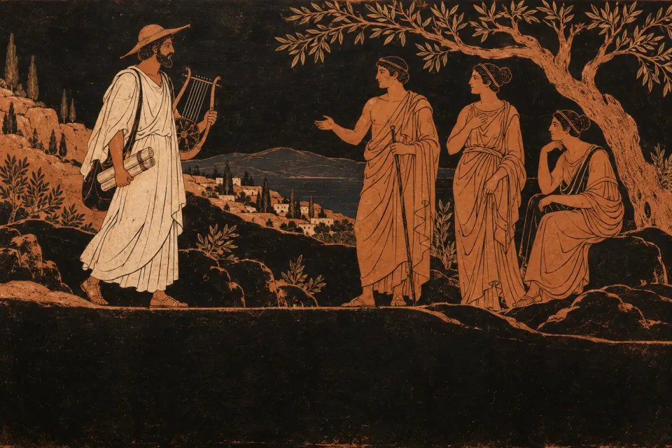 A travelling Orphic priest in a white robe with a bundle of papyrus scrolls and a lyre on a hillside path, villagers gathering under an olive tree, c. 450 BCE, as an Attic red-figure vase painting