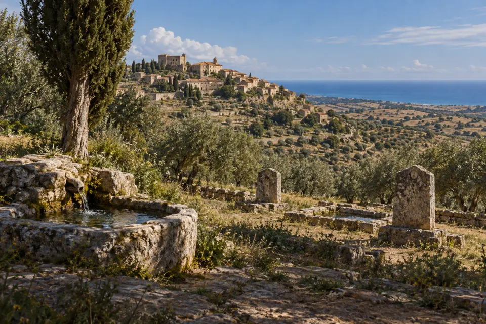 A hill-town in Calabria (ancient Petelia) among olive terraces and Greek-era tombs, a spring below a white cypress, Ionian Sea in the distance, hard clear daylight