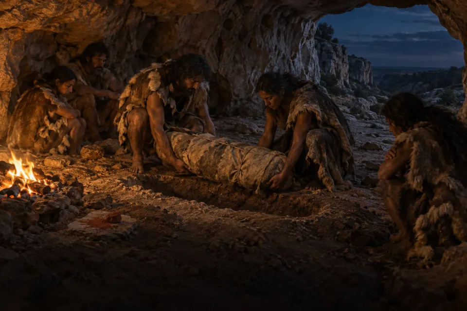 Paleolithic people in hides laying a body to rest in red ochre inside Qafzeh cave, c. 100,000 years ago, mourners crouched in a ring, firelight against cold night