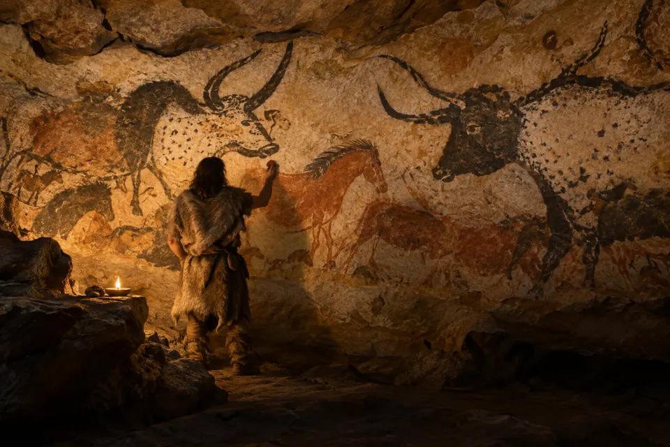 The Hall of the Bulls at Lascaux, great painted aurochs and horses in red and black on pale limestone walls, a Paleolithic painter with a stone lamp, flickering firelight