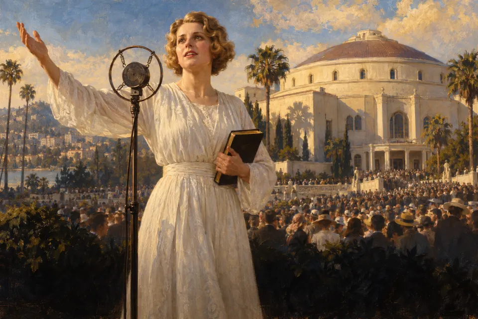 Aimee Semple McPherson as a 1920s American oil portrait, in a long period dress beside a vintage radio microphone, the dome of Angelus Temple, Los Angeles, behind, painted not photographic