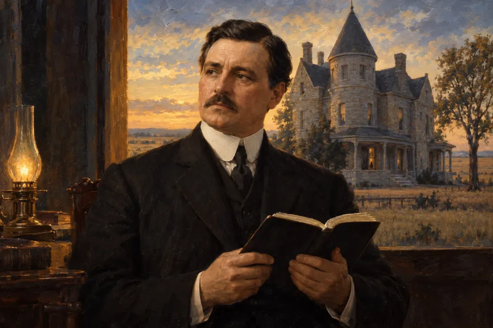 Charles Fox Parham as an early 20th-century American oil portrait, a preacher in dark suit and high collar holding an open Bible, a turreted Topeka mansion behind, painted not photographic
