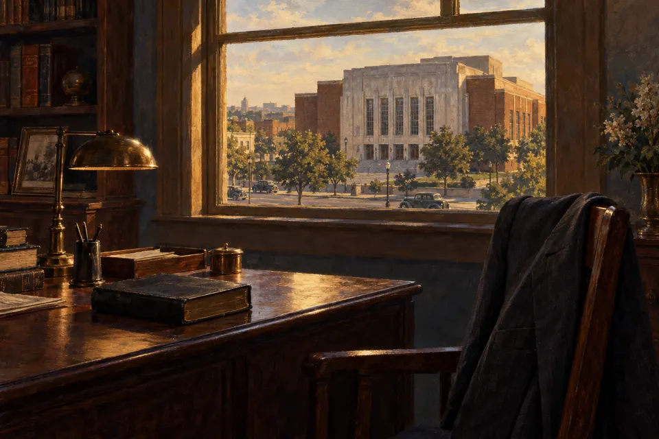 Charles Harrison Mason as a 1940s American oil portrait, a Black bishop in dark suit holding a Bible, the brick front of Mason Temple, Memphis, behind him, painted not photographic