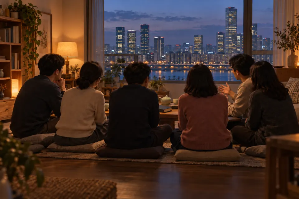 A lay-led cell group of members seated on the floor around a low table with Bibles in a Seoul apartment, seen from behind, Yeouido towers in the window at dusk, warm lamplight