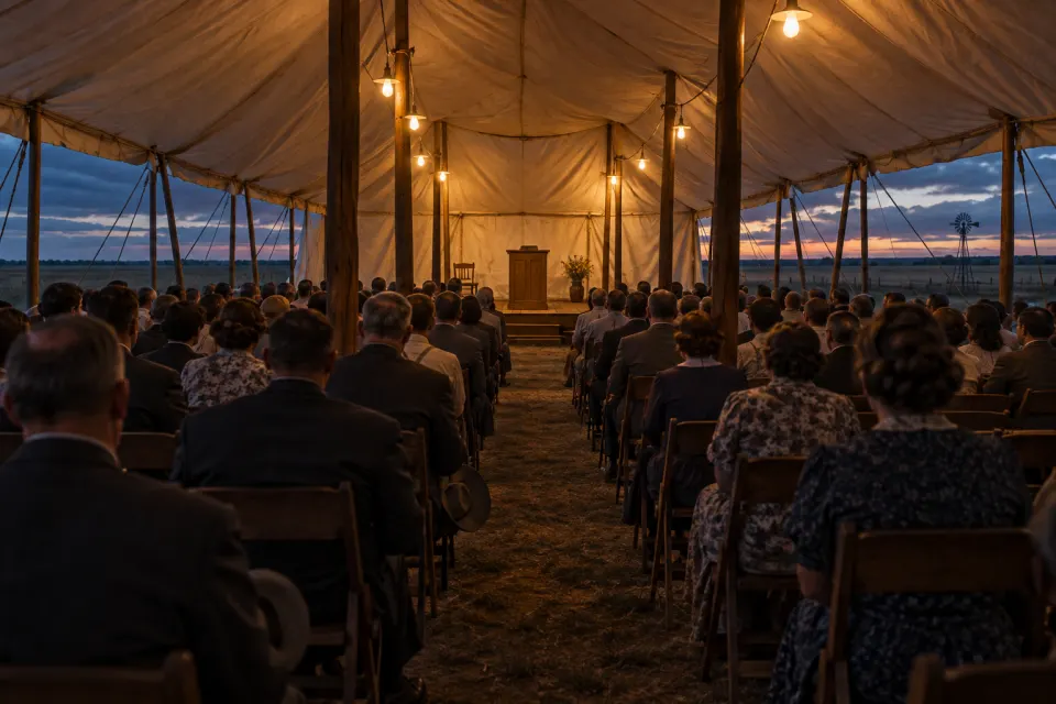 A vast canvas revival tent on an Oklahoma plain in the late 1940s, rows of folding chairs and a bare wooden platform, crowds in period dress seen from behind, warm lamp glow at dusk