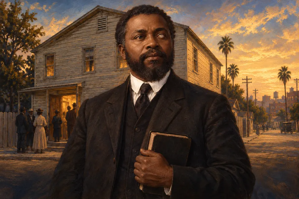 William J. Seymour as an early 20th-century American oil portrait, a Black preacher in dark suit and white collar holding a Bible, the plain wooden Azusa Street hall behind him, painted not photographic