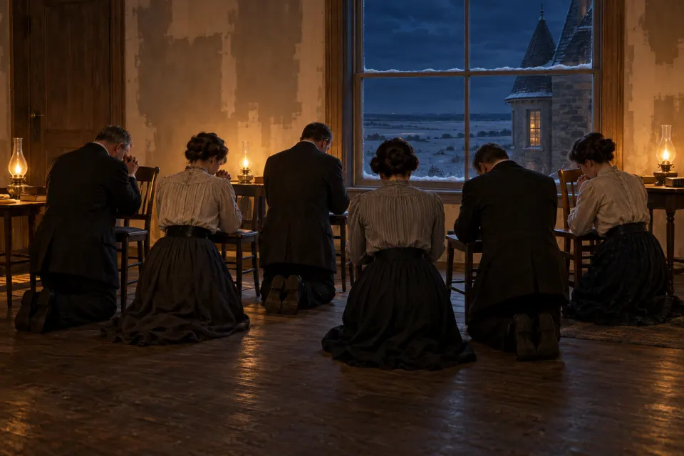 A turreted Victorian mansion called Stone's Folly in Topeka, Kansas, New Year's night 1901, students in period dress kneeling in prayer in a lamp-lit upstairs room, snow at the window
