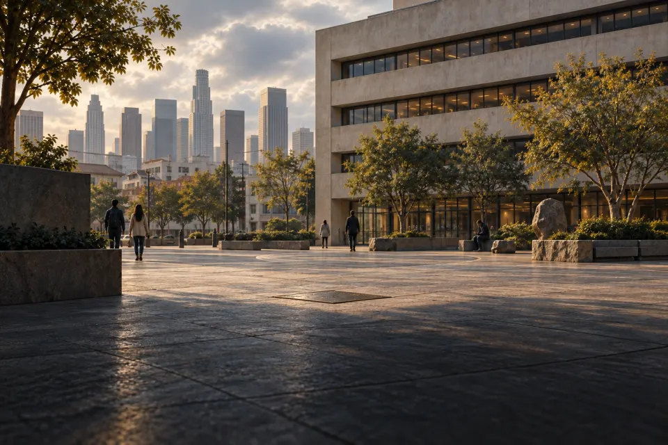 The plaza at the Japanese American Cultural and Community Center in Little Tokyo, Los Angeles, a small city marker in the paving and downtown towers beyond, overcast morning light