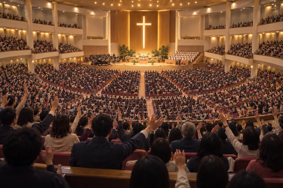 Thousands of worshippers with raised hands praying aloud and singing in the vast auditorium of Yoido Full Gospel Church, Seoul, in present-day dress, warm stage lighting