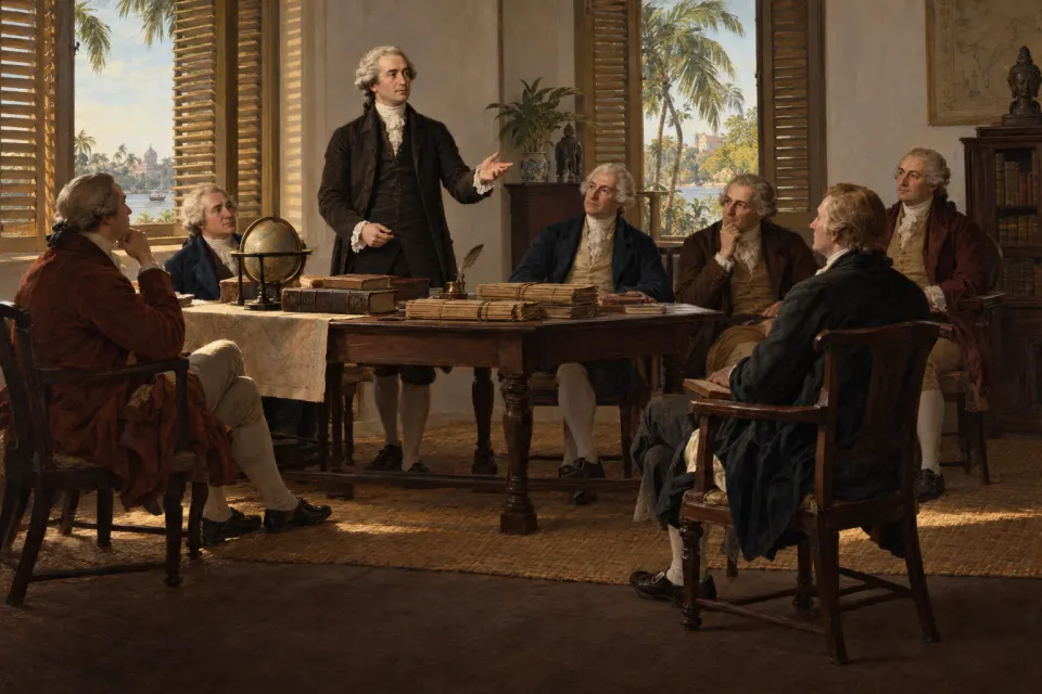 Sir William Jones addressing the Asiatic Society of Bengal in Calcutta, 1786, as a late 18th-century British conversation-piece oil painting, wigged scholars, palm-leaf manuscripts, light through louvred shutters