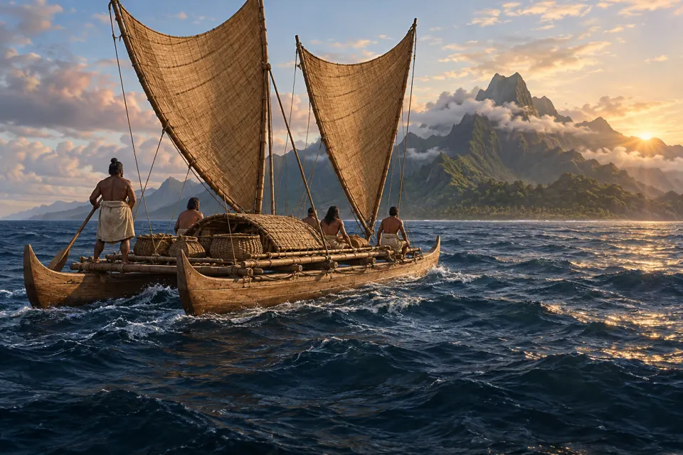 A large double-hulled voyaging canoe under crab-claw sails approaches a green volcanic island, navigators in barkcloth at the steering oar, heaving open Pacific, pale dawn