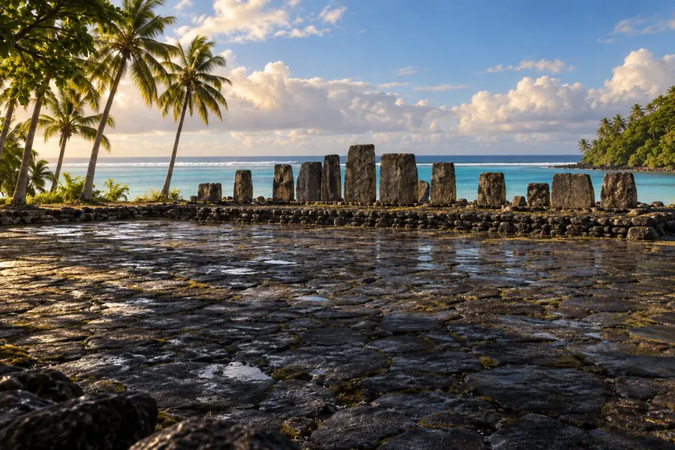 Taputapuatea marae on Ra'iatea, a coastal stone-paved ceremonial court with upright basalt slabs beside the lagoon, coconut palms and green mountains, calm light after morning rain