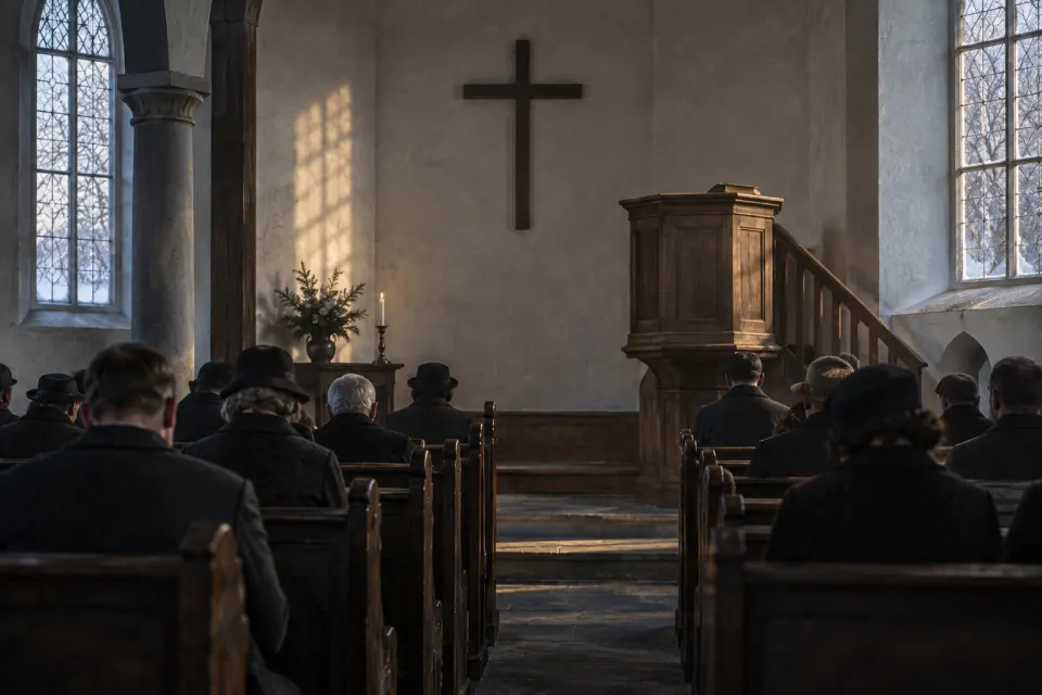 Illustration · AI-generated A plain 1930s German Lutheran church interior, a bare pulpit with a closed Bible, dark-coated worshippers seen from behind in the pews, grey winter light through tall windows