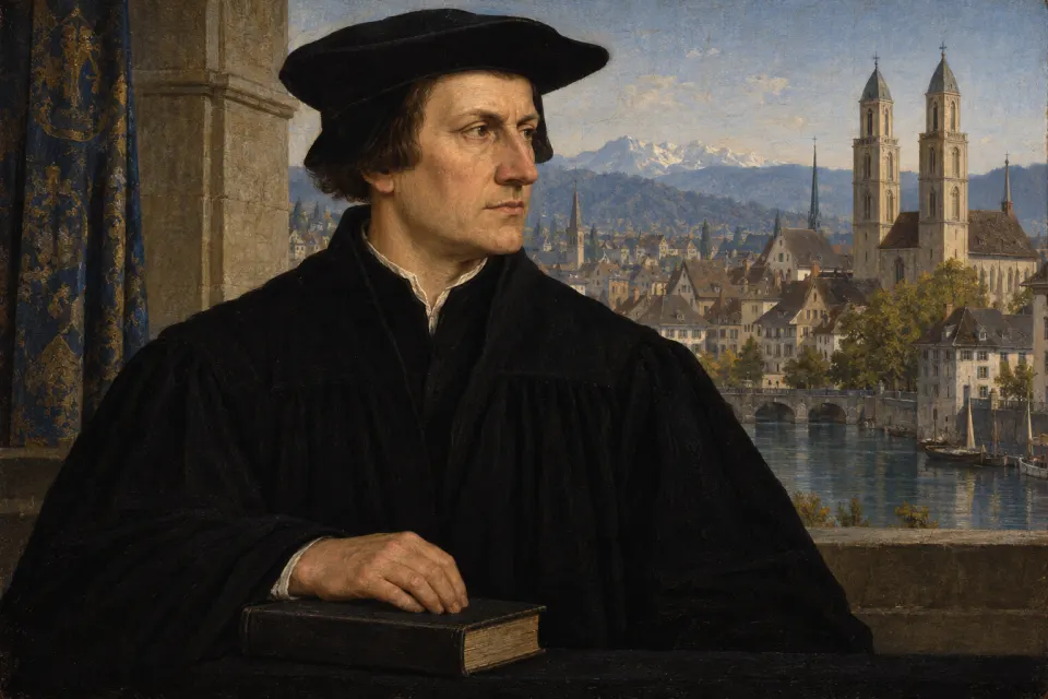 Illustration · AI-generated Huldrych Zwingli as a 16th-century Swiss panel portrait, in a black gown and flat cap, one hand on a closed Bible, Zürich rooftops behind, painted not photographic